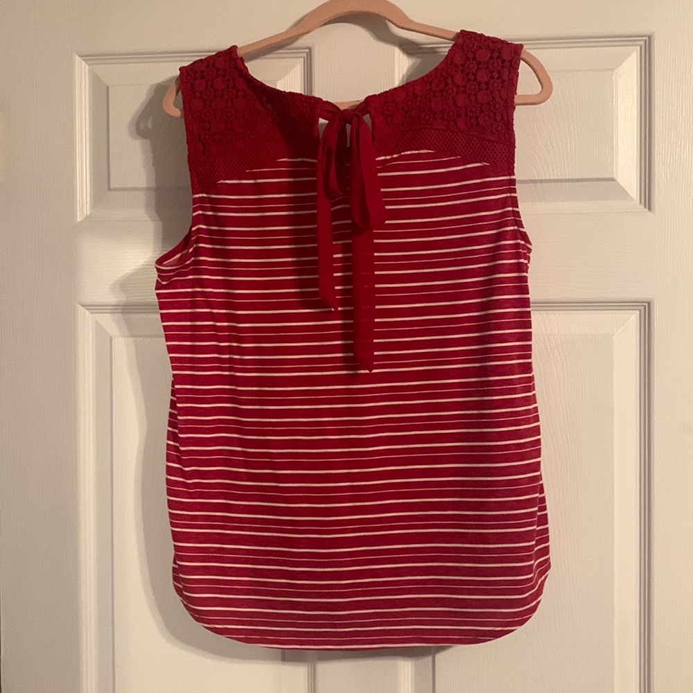 Red/White Striped Lace Sleeveless Blouse W/ Bow